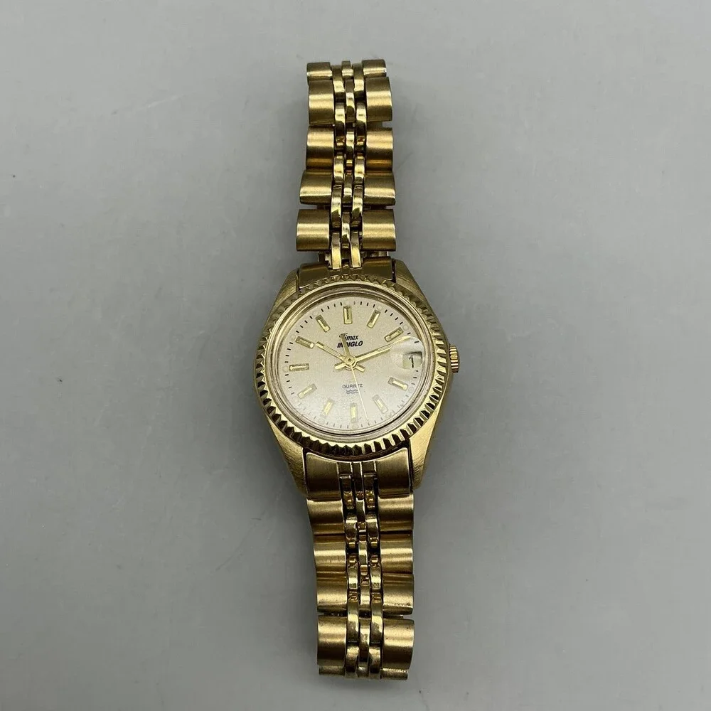 Timex Indiglo Womens Watch 25mm Glitter Dial Gold Tone Date New Battery 6.25